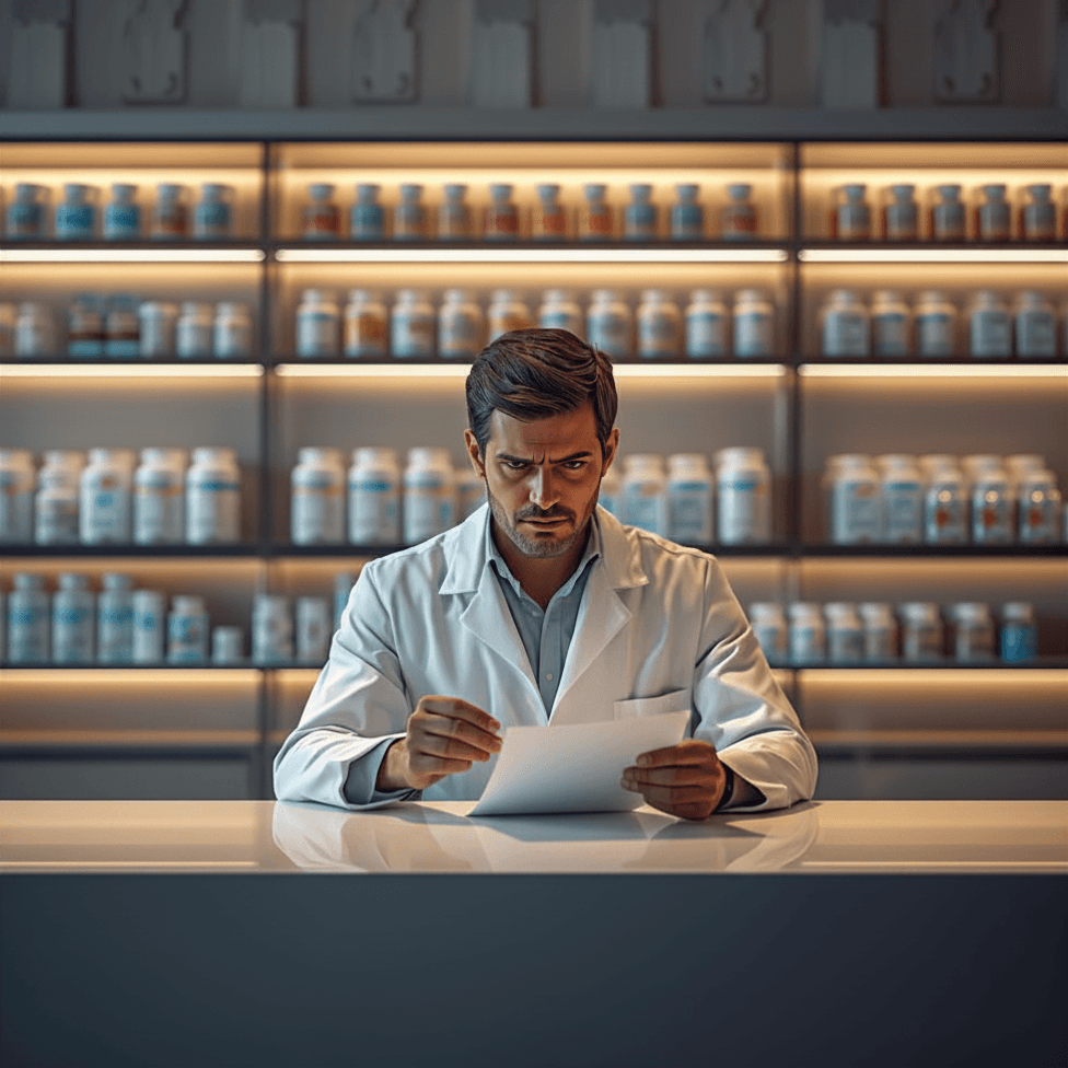 Pharmacien derrière le comptoir d'une officine moderne